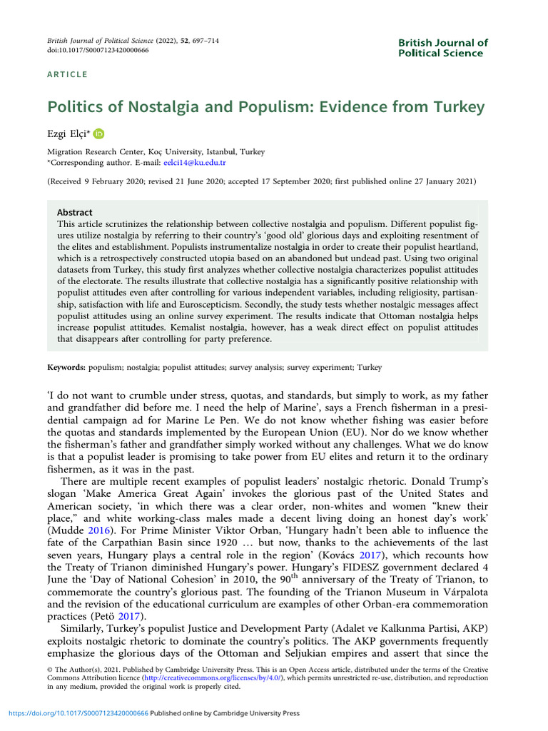 Politics of Nostalgia and Populism Evidence From Turkey | PDF | Populism