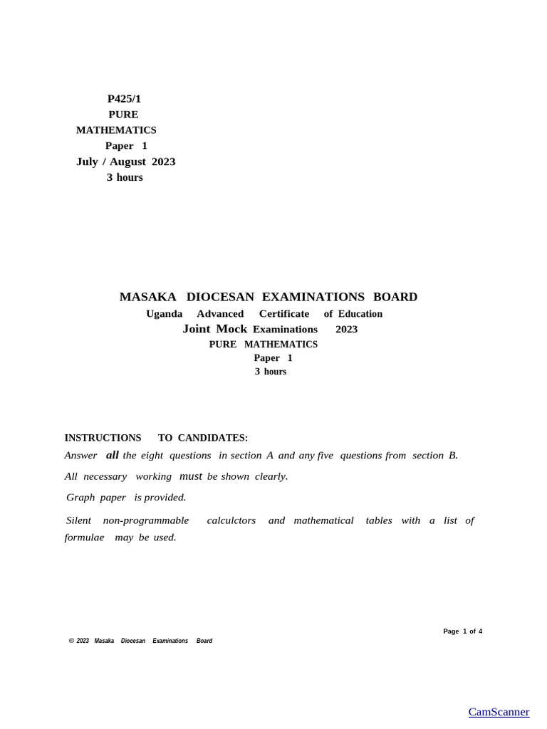 UACE Mathematics Mock Exam 2023 | PDF | Mathematical Concepts ...