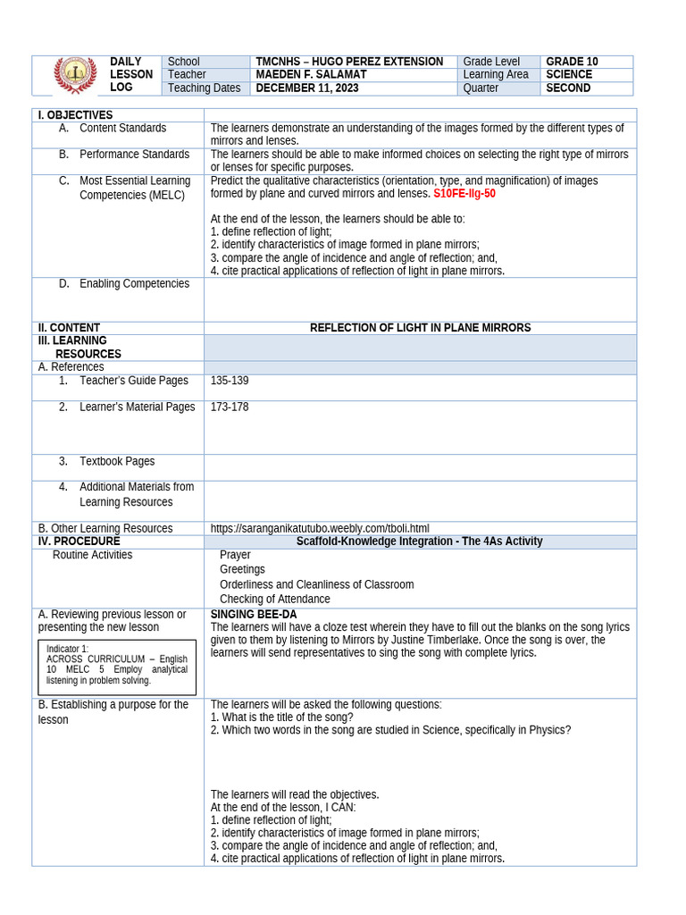 Grade 10 Science Lesson on Light Reflection | PDF | Reflection (Physics ...