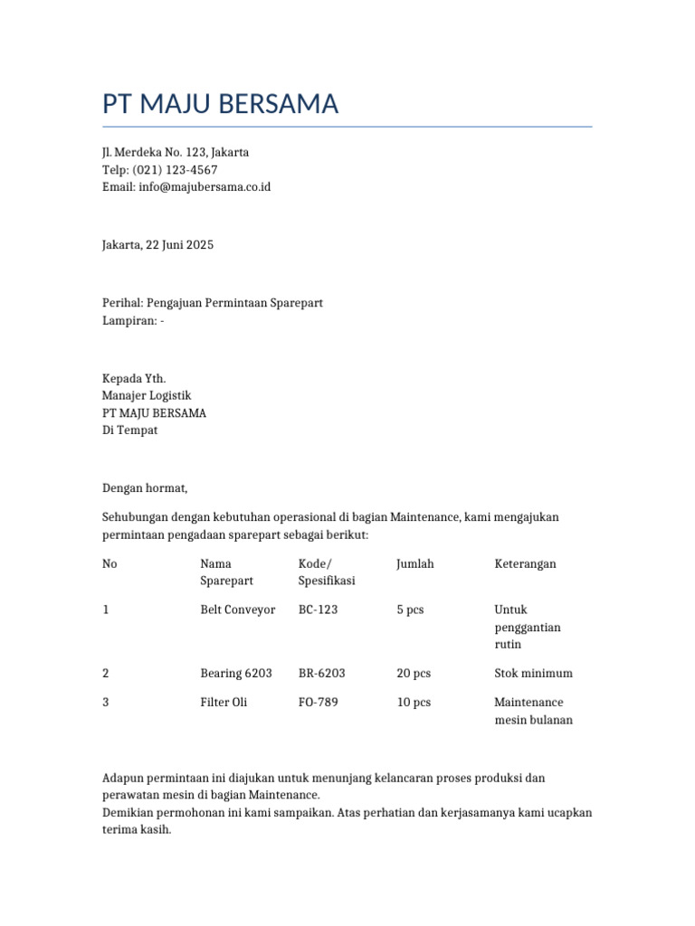 Permintaan Sparepart untuk Maintenance | PDF
