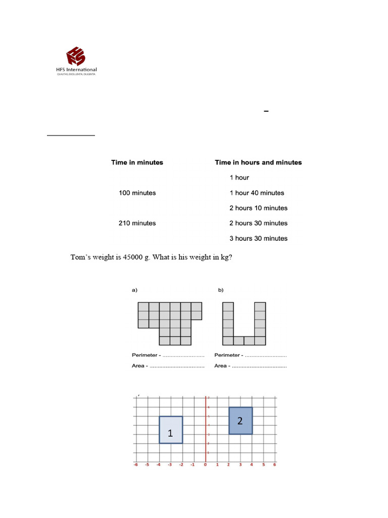 Grade IV Mathematics Practice Worksheet | PDF | Area | Shape