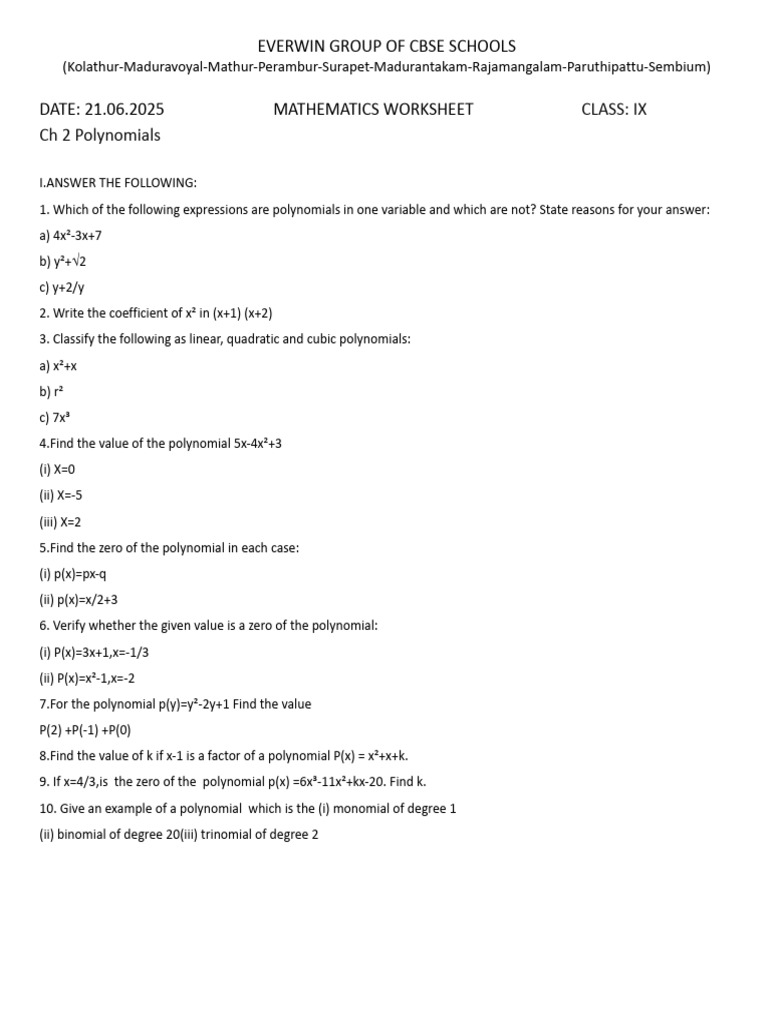 Class IX Mathematics: Polynomials Worksheet | PDF