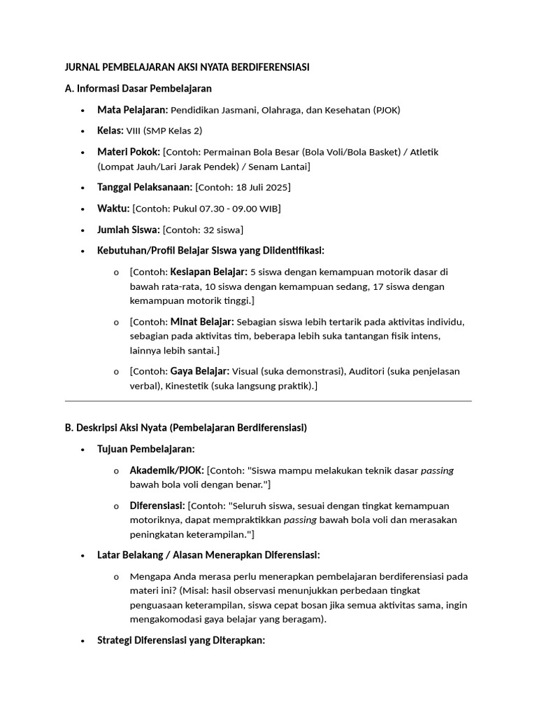 Jurnal Pembelajaran Aksi Nyata Berdiferensiasi SMP Kelas 2 | PDF