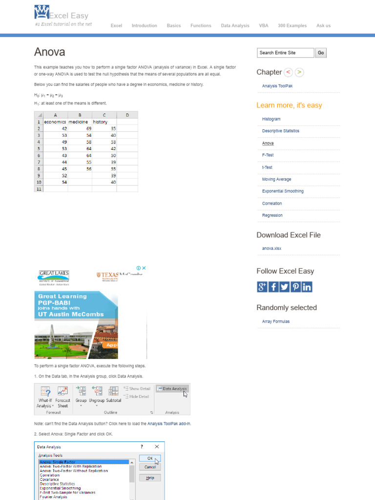 Single Factor ANOVA in Excel Guide | PDF | Microsoft Excel | Analysis ...