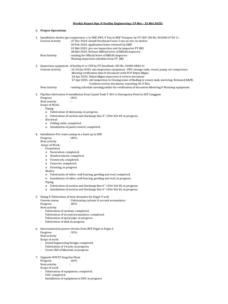 Weekly Ops & Facility Engineering Report | PDF | Pump | Gas Technologies