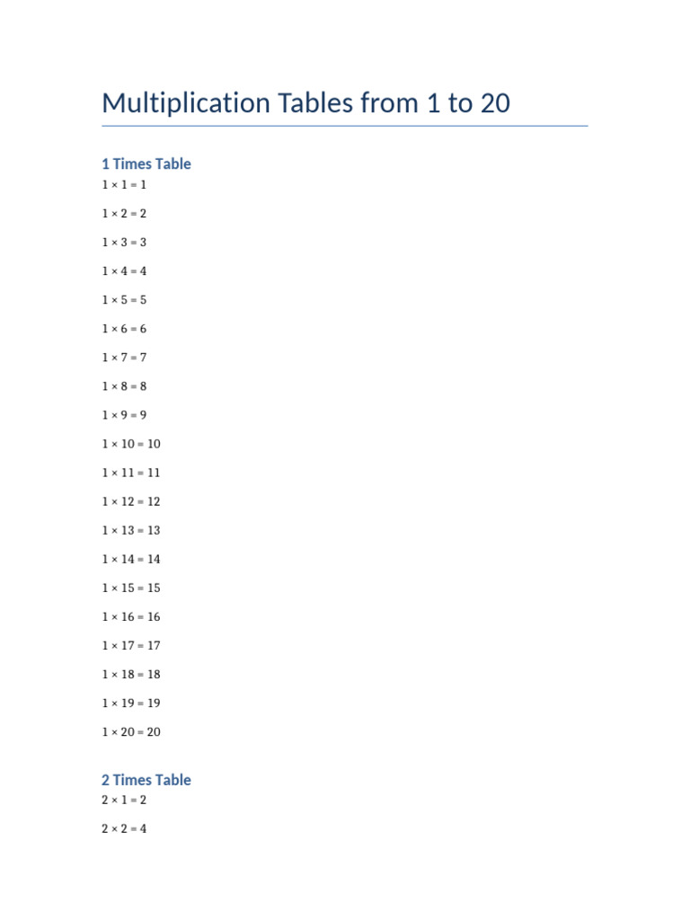 Multiplication Tables 1-20 Guide | PDF