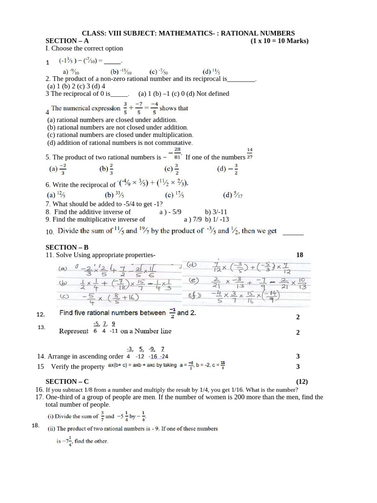 Rational Numbers - Test 1 | PDF