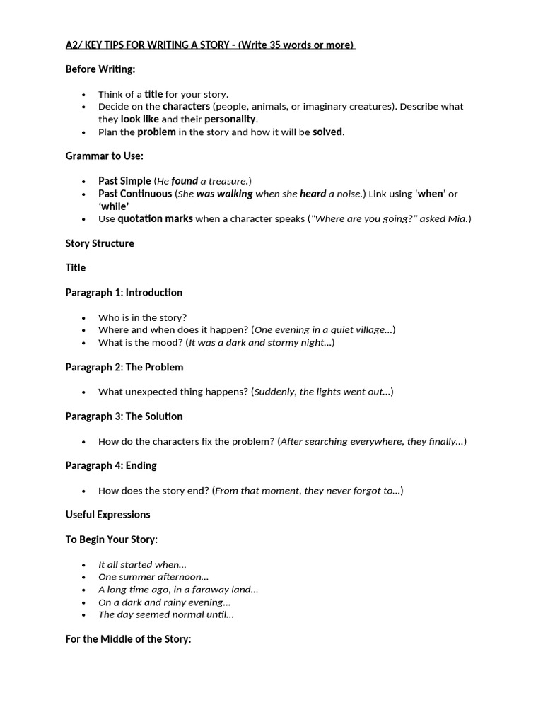 A2 Story Writing Tips and Structure | PDF | Grammar | Linguistics