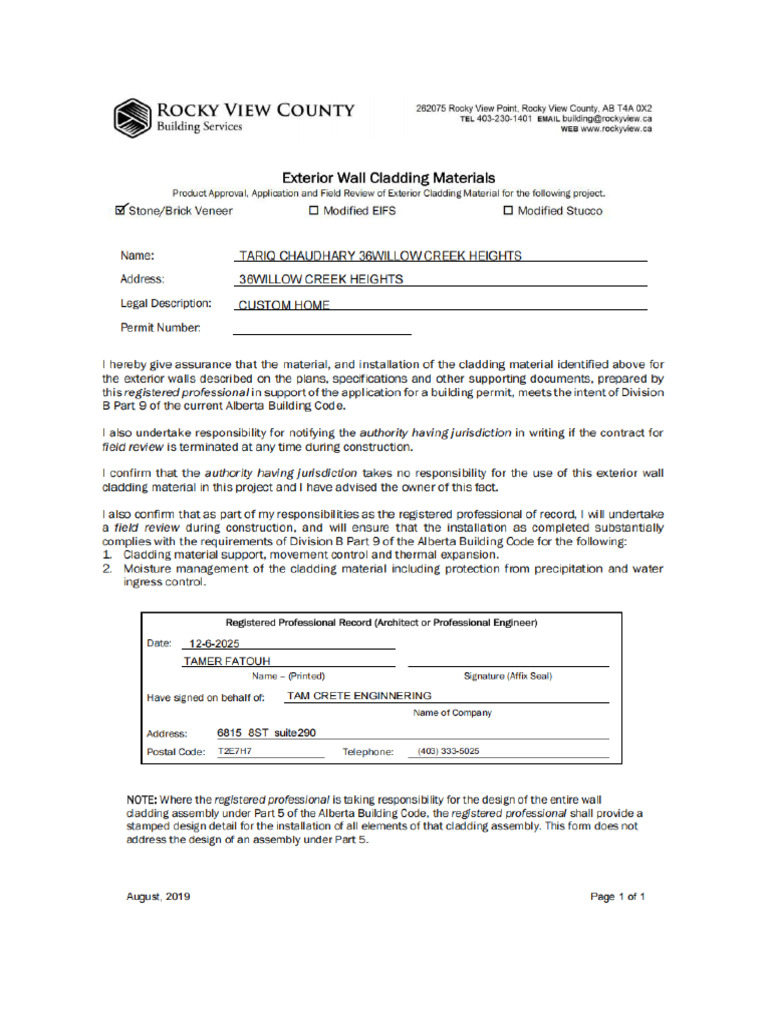 Exterior Wall Cladding Materials Form | PDF