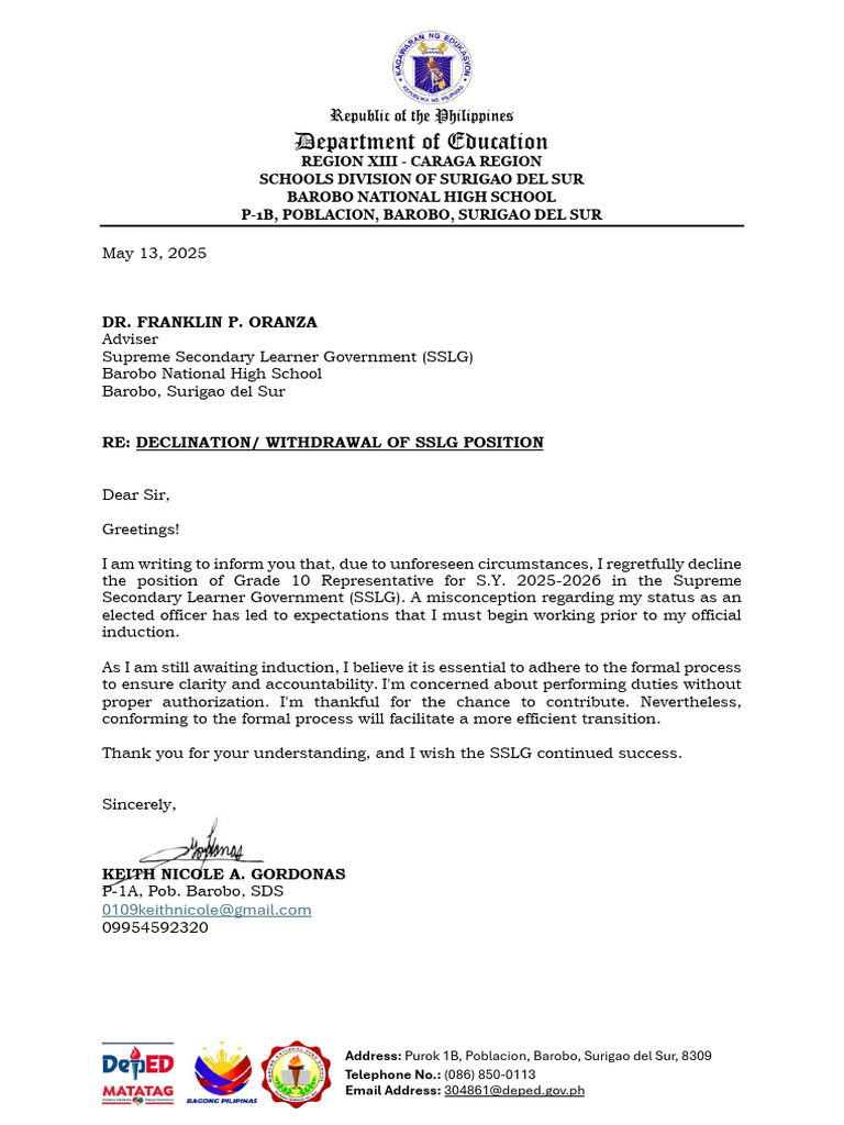 SSLG Position Declination Letter | PDF