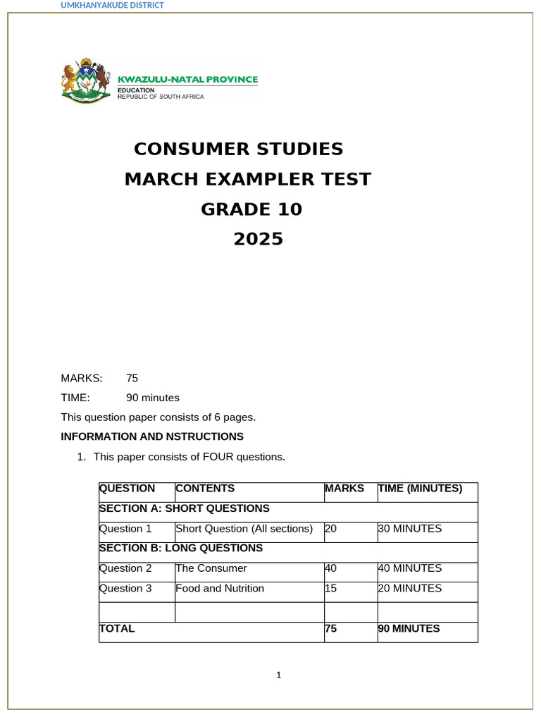 Grade 10 Consumer Studies Test | PDF | Foods | Nutrition