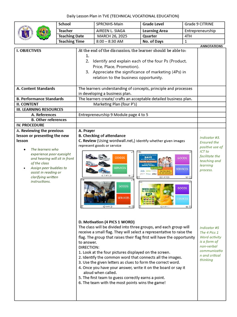 Daily Lesson Plan: Marketing 4Ps | PDF | Marketing | Learning