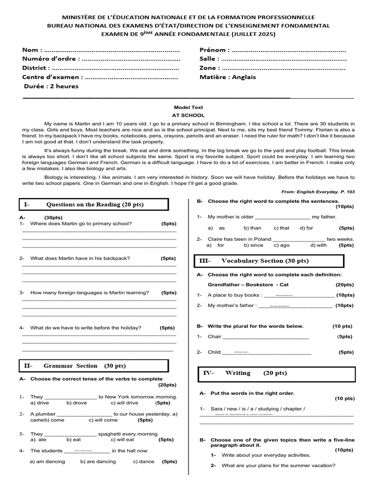 9th Grade English Exam July 2025 | PDF | English Language | Language ...