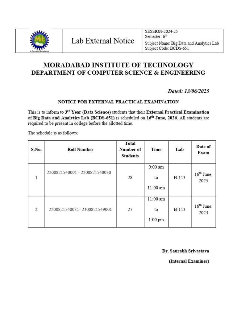 Big Data Lab Exam Notice 2024-25 | PDF