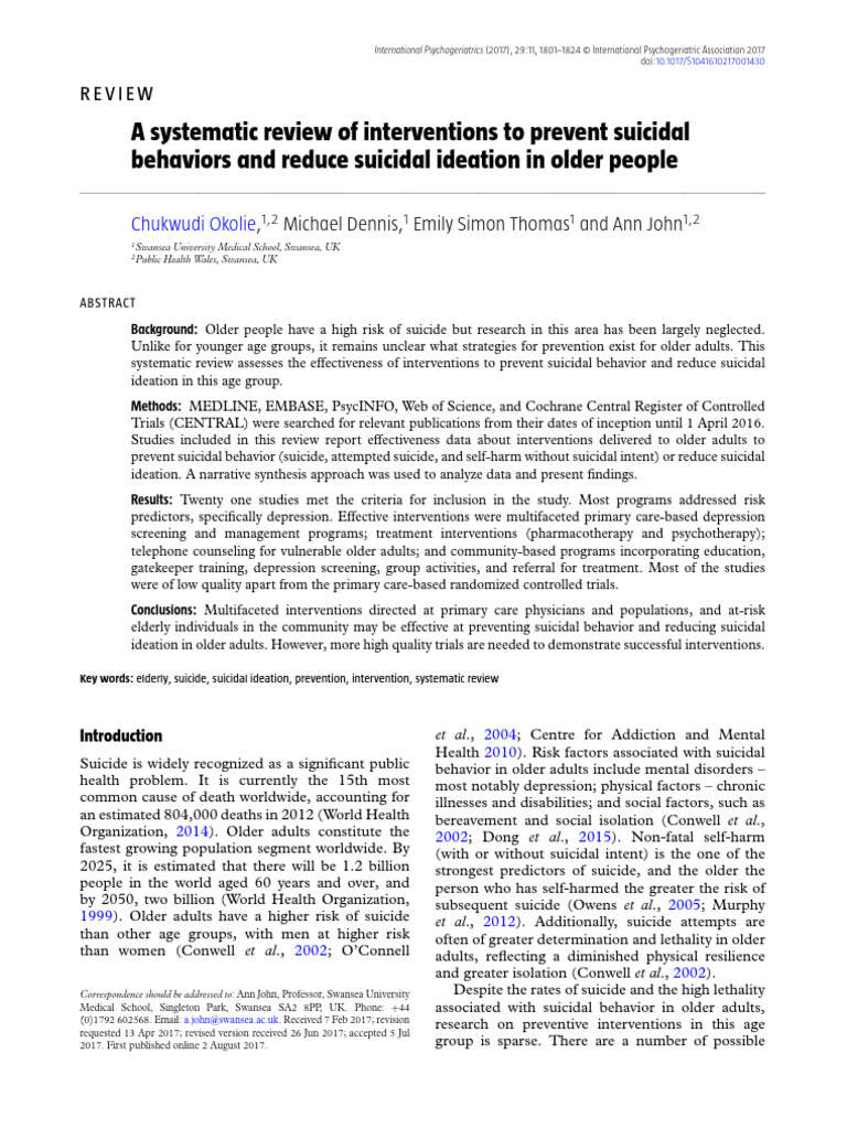 Interventions to Prevent Suicide in Seniors | PDF | Systematic Review ...