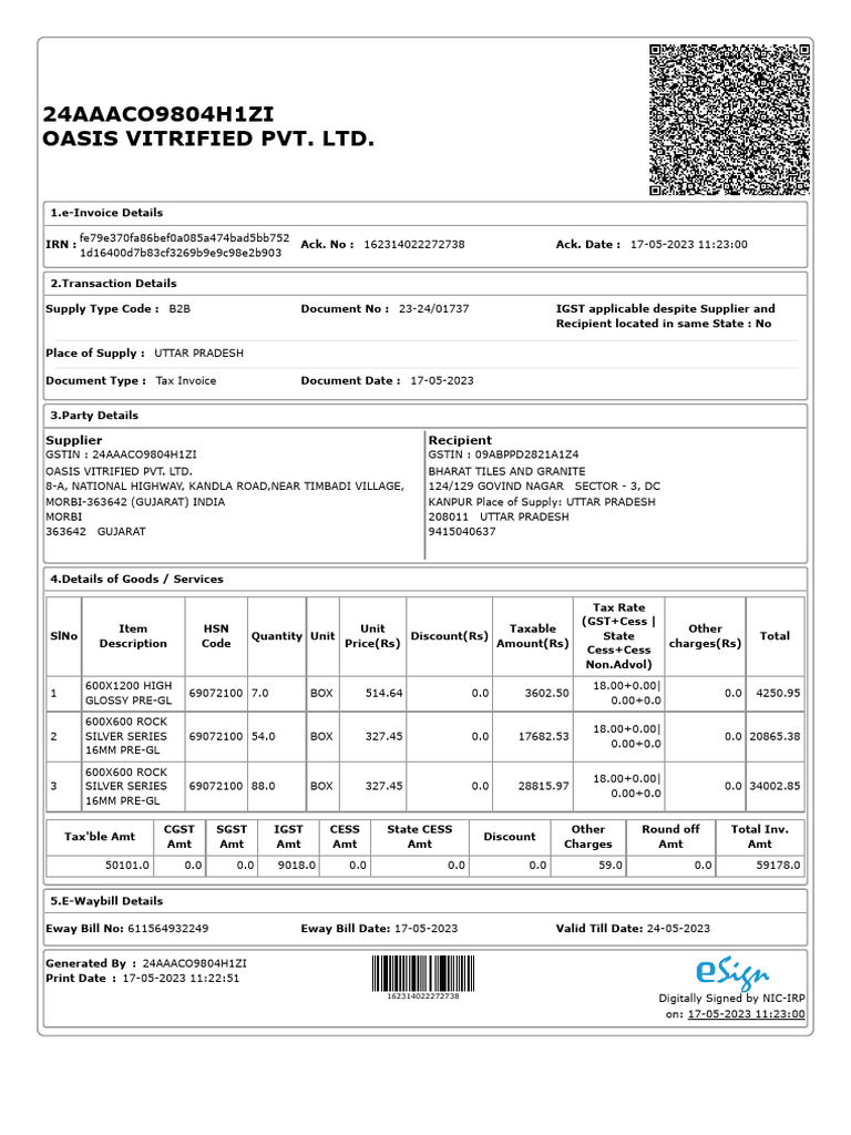 OASIS VITRIFIED Tax Invoice Details | PDF | Invoice | Public Finance