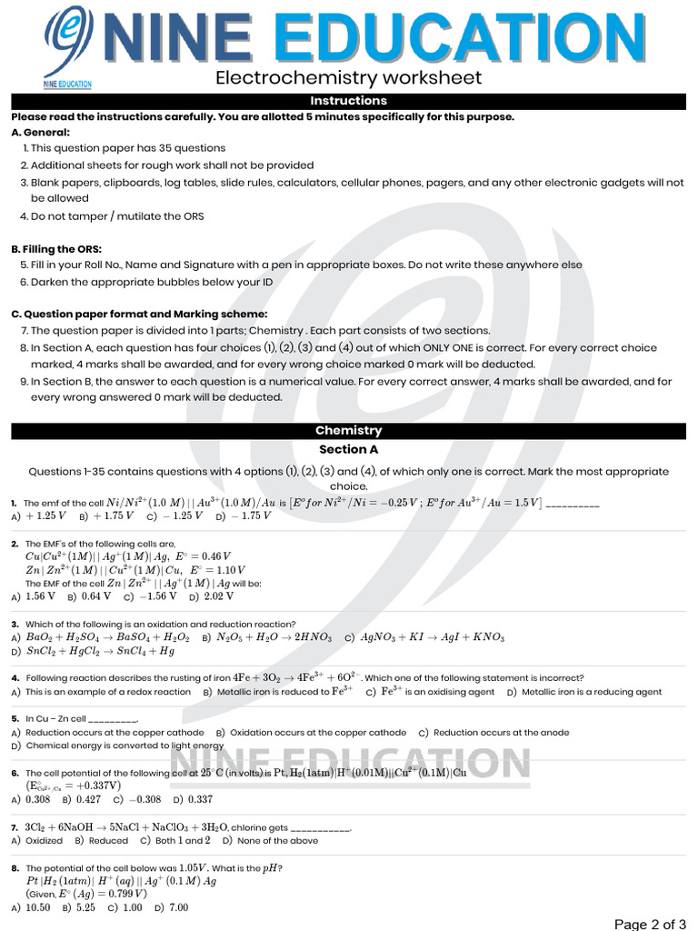 Electrochemistry Worksheet Instructions | PDF | Redox | Anode