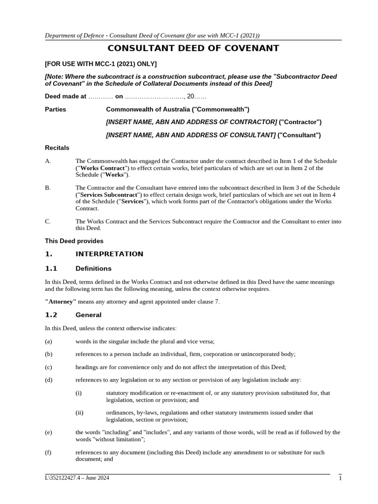 Consultant Deed of Covenant MCC-1 (2021) | PDF | Subcontractor | Deed