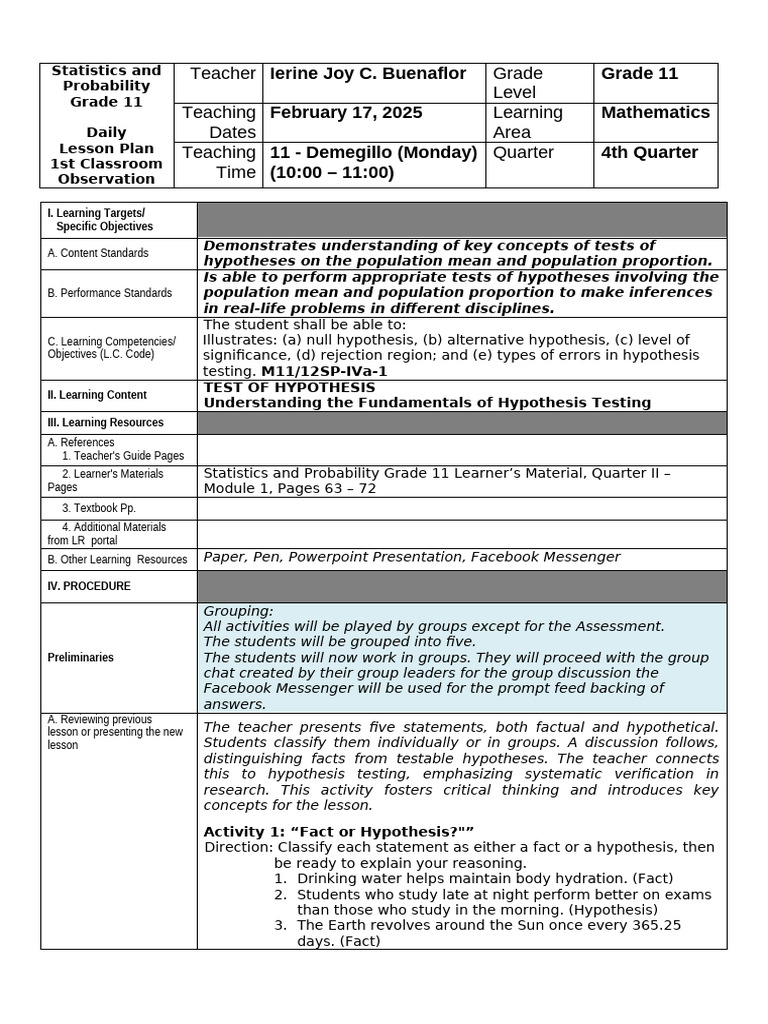 Grade 11 Hypothesis Testing Lesson Plan | PDF | Statistical ...