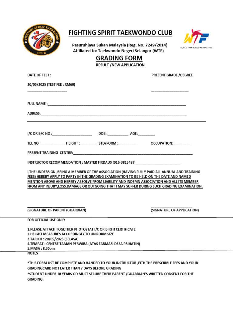 Taekwondo Grading Application Form | PDF