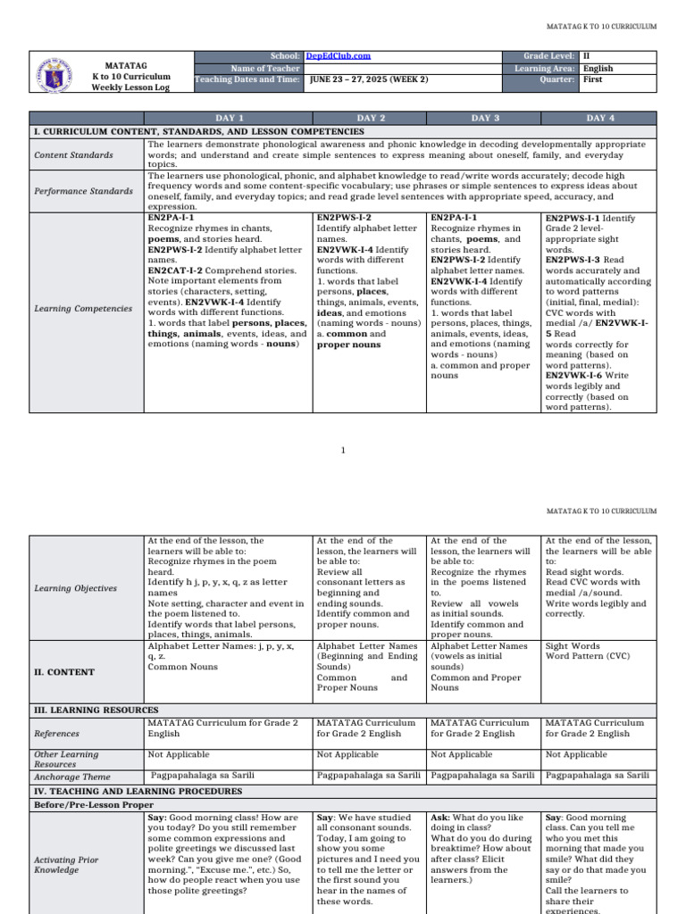 English 2 Week 2 Lesson Plan | PDF | Word | Rhyme