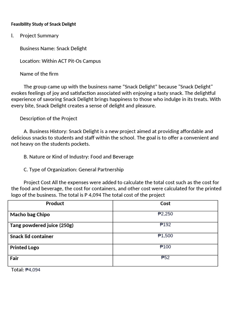 Snack Delight Feasibility Study | PDF