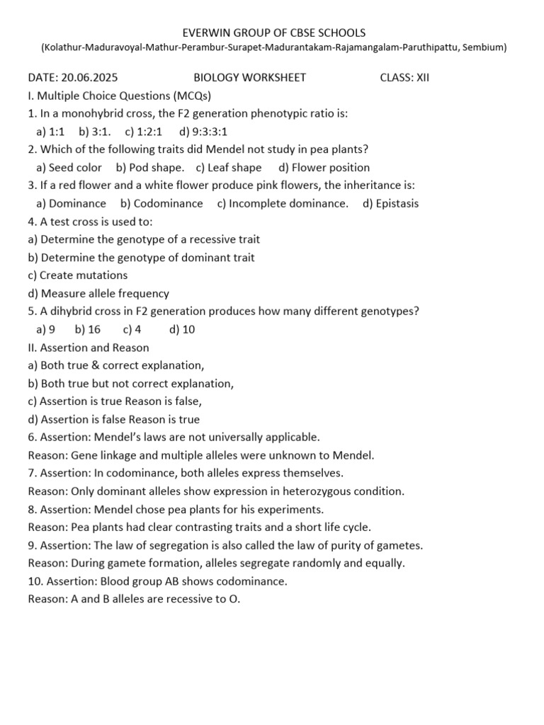 Class Xii - Bio Ws-20.06.25 | PDF | Dominance (Genetics) | Genotype