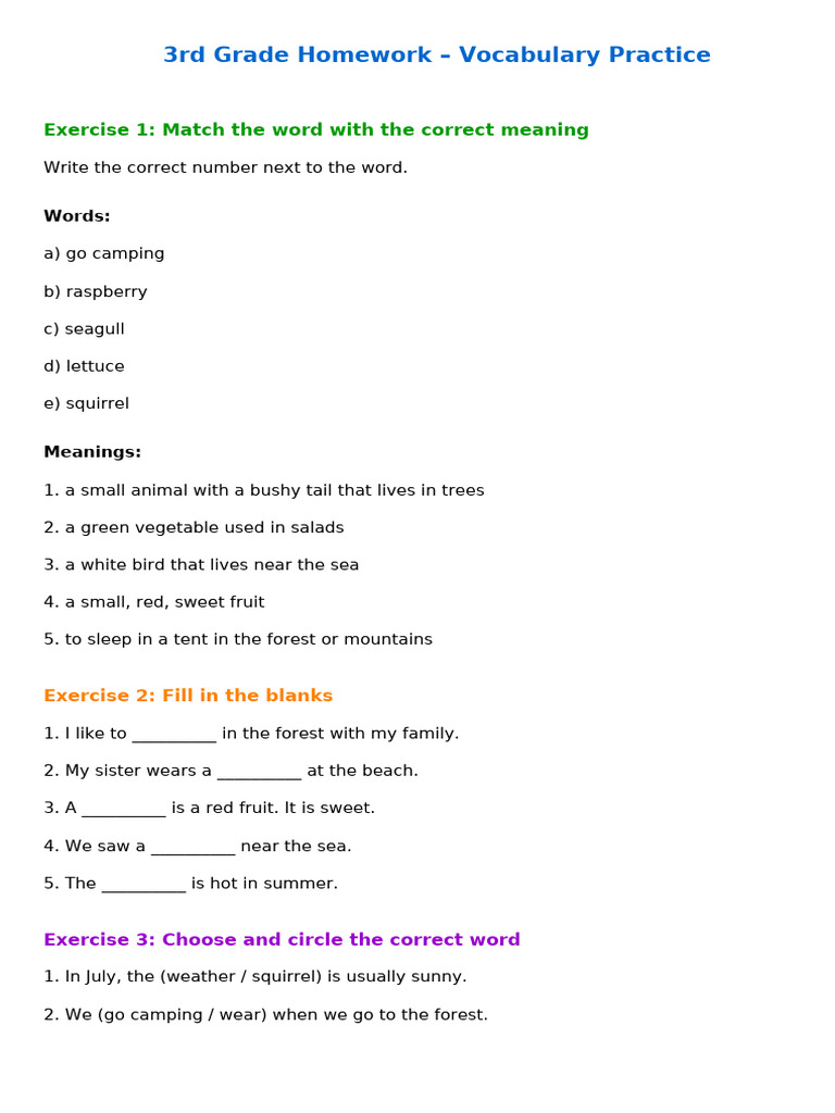 Vocabulary Homework 3rd Grade Final | PDF
