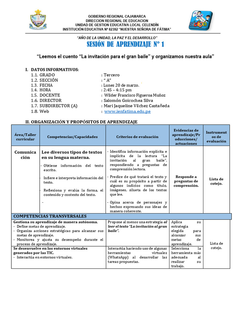 Sesion de Aprendizaje #01 Comunicación Tercer Grado A Unidad 1 2023 ...