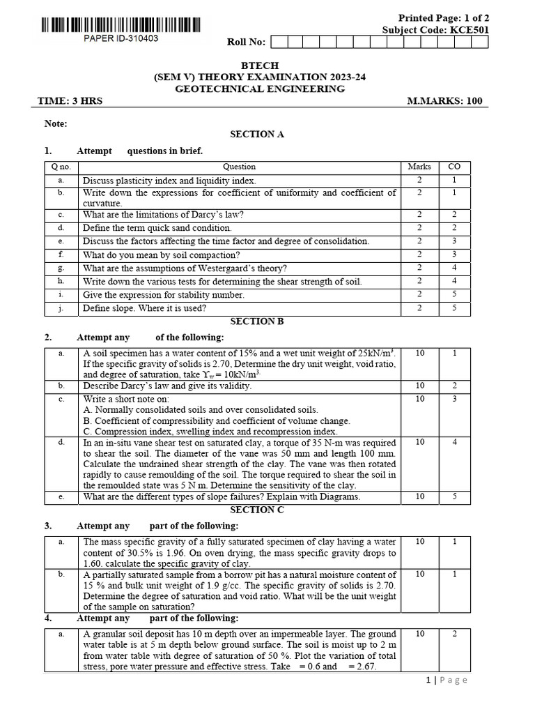 Geotechnical Engineering Exam Paper 2023-24 | PDF | Soil Mechanics ...