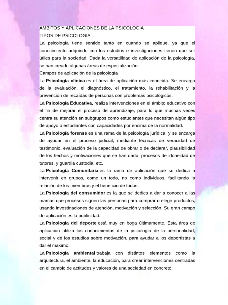 Ambitos y Aplicaciones de La Psicologia | PDF | Sicología | Psicología ...