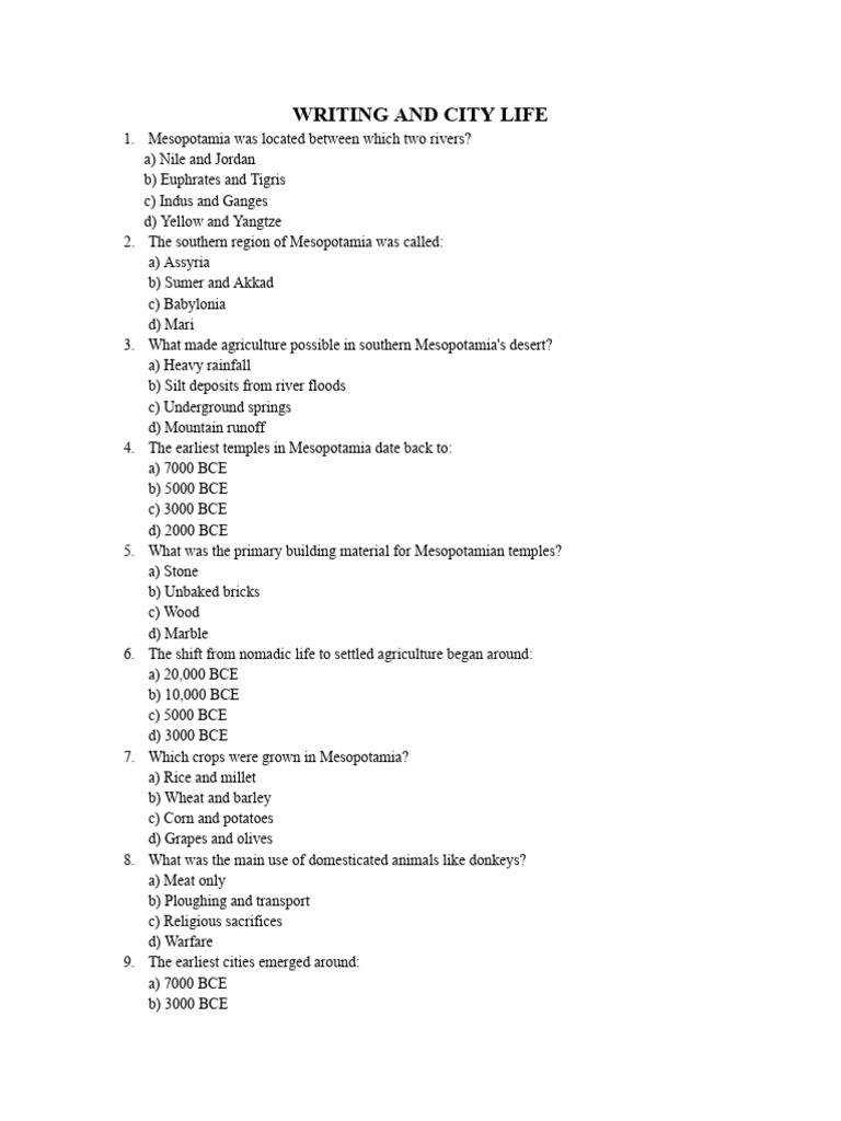 Mesopotamian Writing and City Life MCQs | PDF | Mesopotamia | Sumer