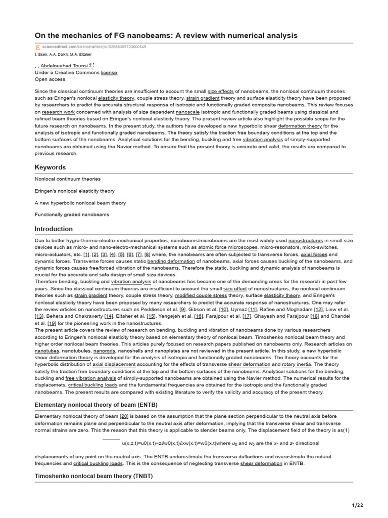 On The Mechanics of FG Nanobeams A Review With Numerical Analysis | PDF ...