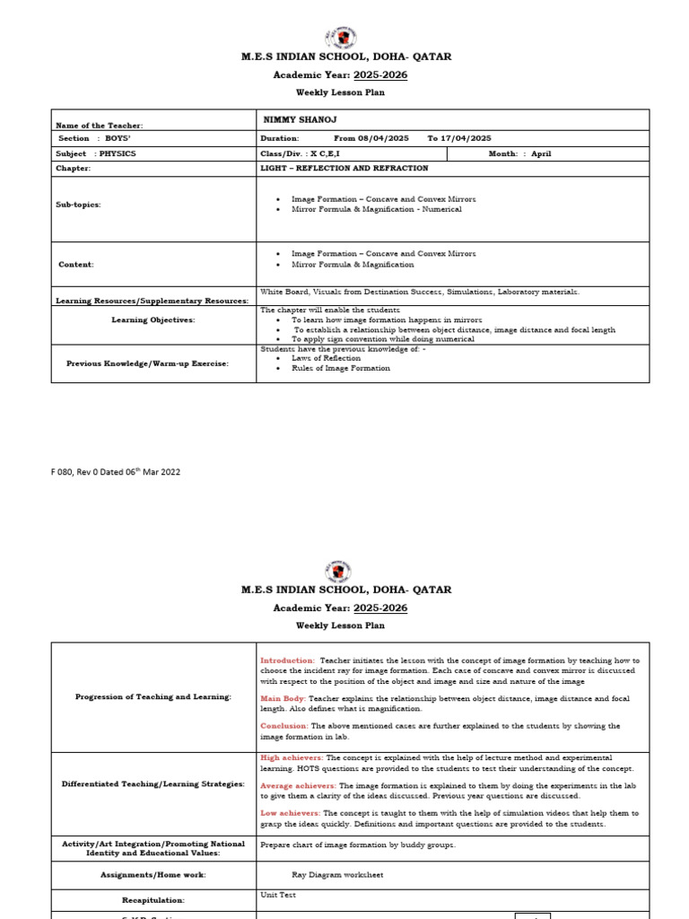 Lesson Plan 2 Light April 2025 | PDF | Mirror | Image