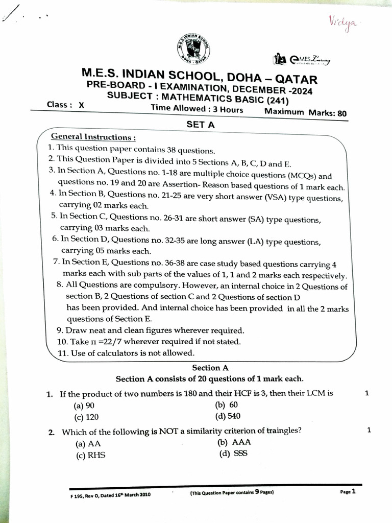 Pre-Board Mathematics Exam Paper 2024 | PDF | Circle | Geometric Shapes