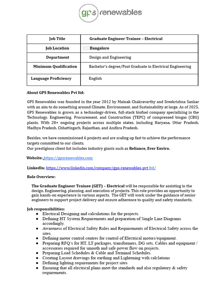 Graduate Engineer Trainee - Electrical | PDF