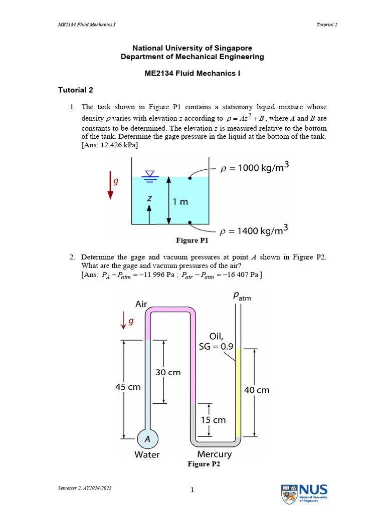 Fluid Mechanics I Tutorial 2 Solutions | PDF | Pressure | Density