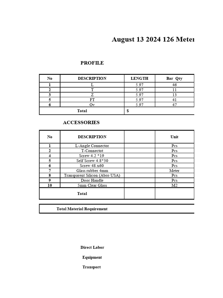 Material and Labor Cost Breakdown | PDF