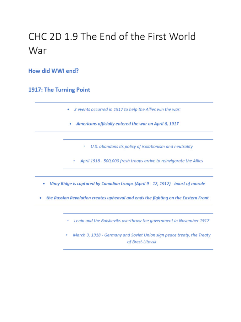 CHC 2D 1.9 The End of The First World War | PDF | World War I | Treaty ...