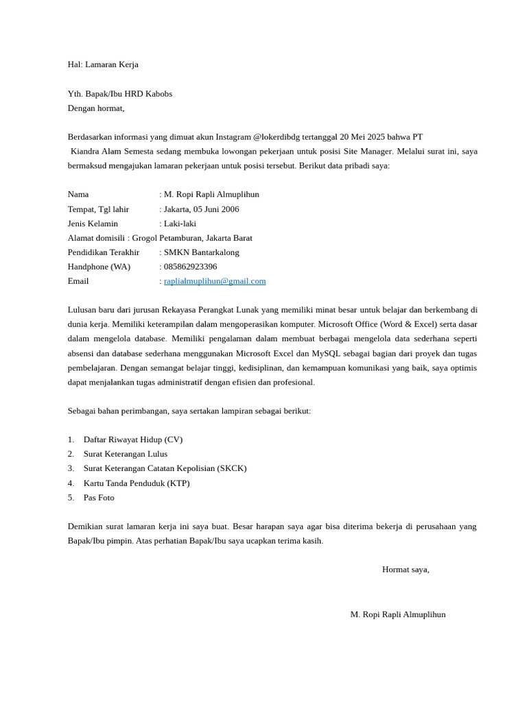 Lamaran Kerja untuk Crew Outlet | PDF