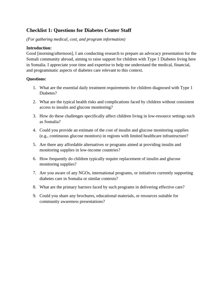 Checklist For Type 1 Diabetes | PDF | Diabetes | Insulin