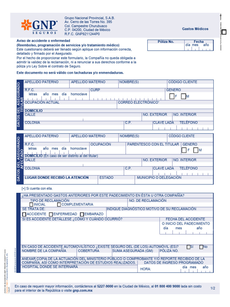 Aviso de Accidente GNP | PDF | Póliza de seguros | Medicina CLINICA