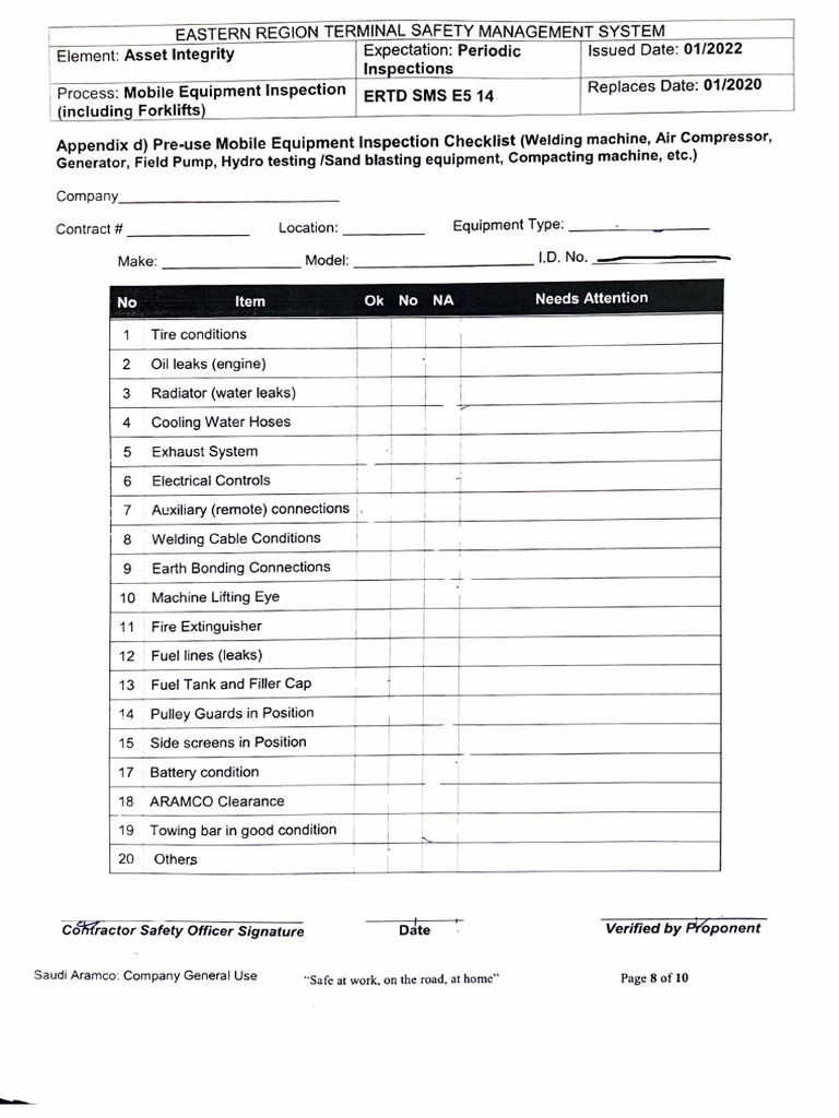 Mobile Equipment Inspection Checklist | PDF | Manufactured Goods ...