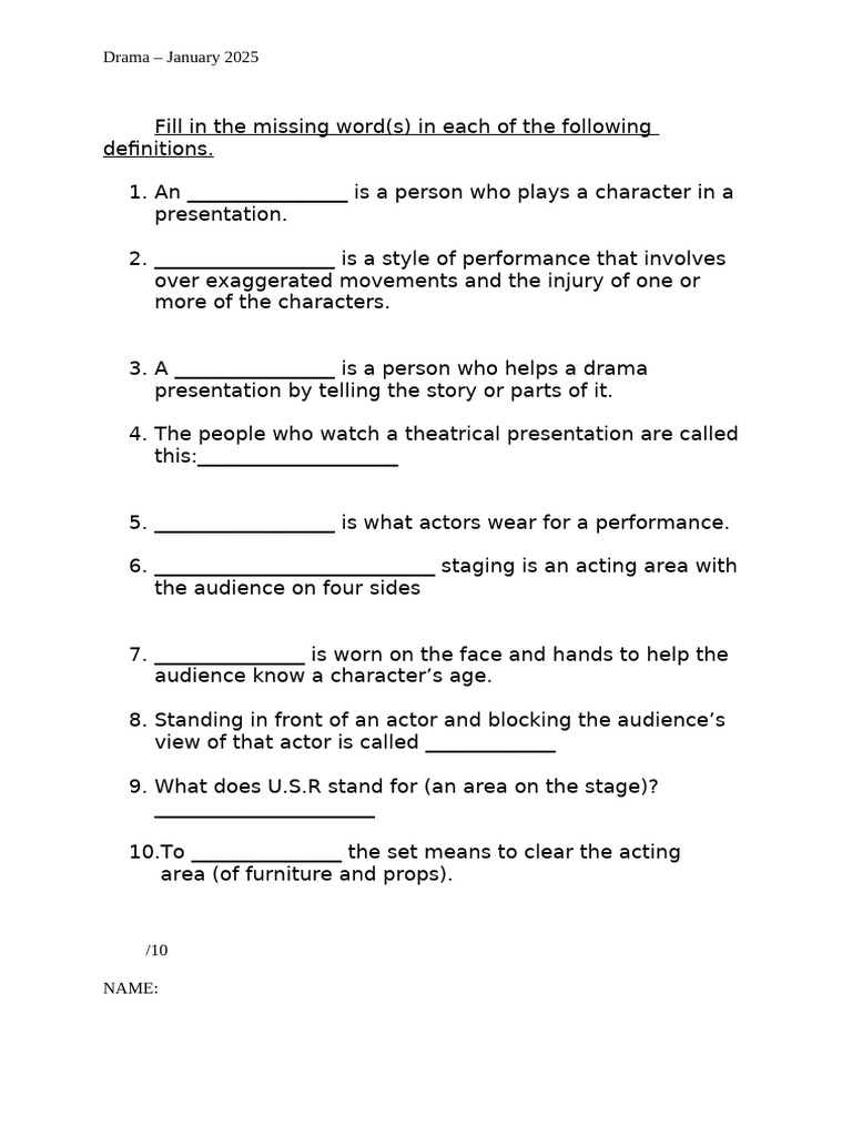 Drama Definitions Quiz - January 2025 | PDF