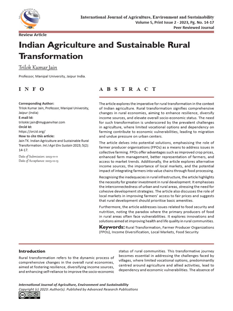 Rural Transformation in Indian Agriculture | PDF | Food Security ...
