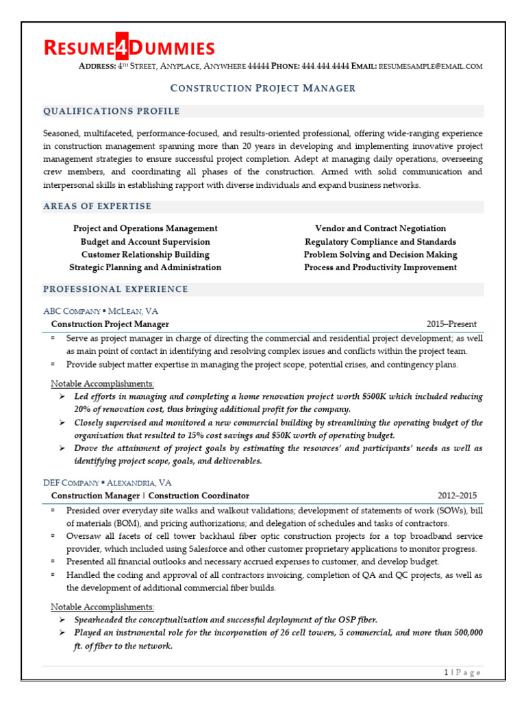Construction Project Manager Resume Examples | PDF