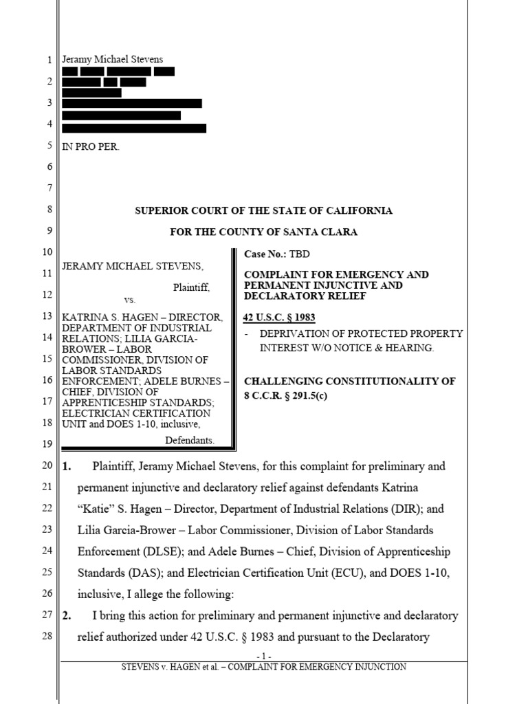 Stevens v. Hagen: Emergency Injunction Complaint | PDF | Electrician ...