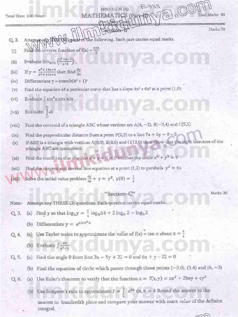 Past Papers 2018 Mardan Board FSC Part 2 Mathematics English Medium ...