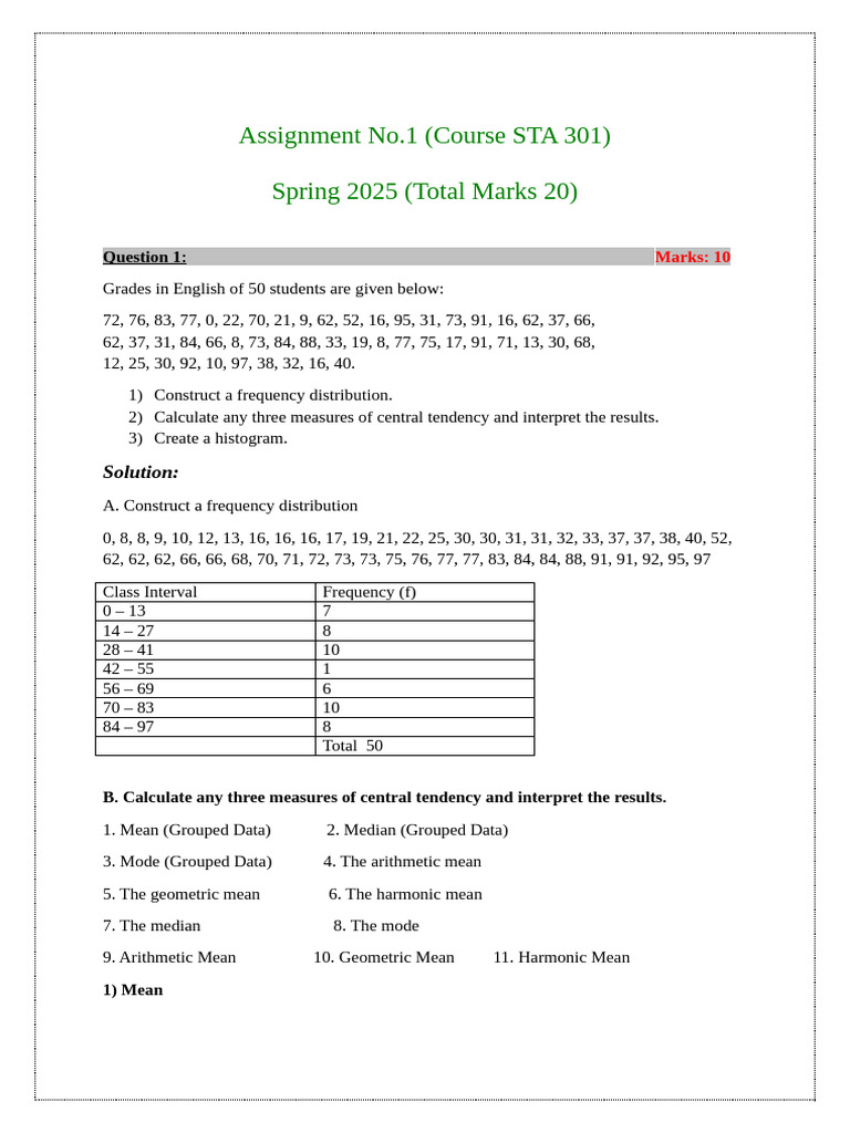 STA 301 Assignment: Data Analysis Techniques | PDF | Mode (Statistics ...