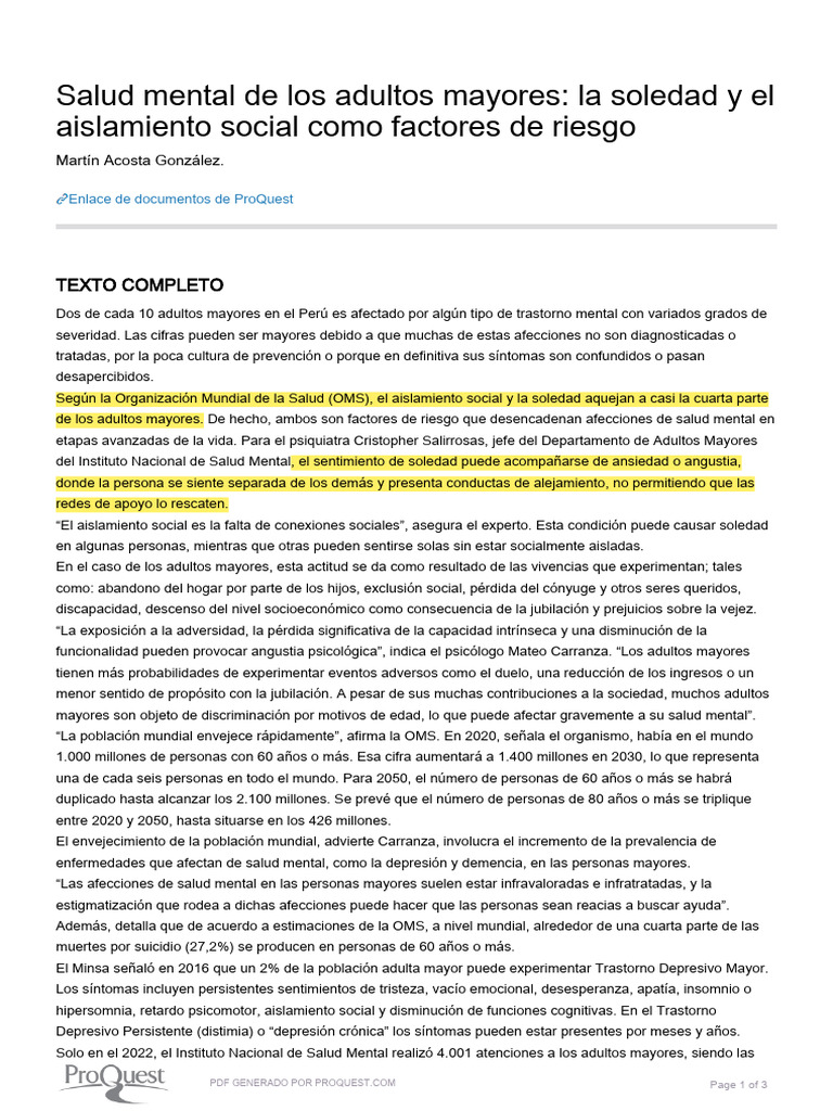 Salud mental en adultos mayores: soledad y riesgo | PDF | Vejez ...